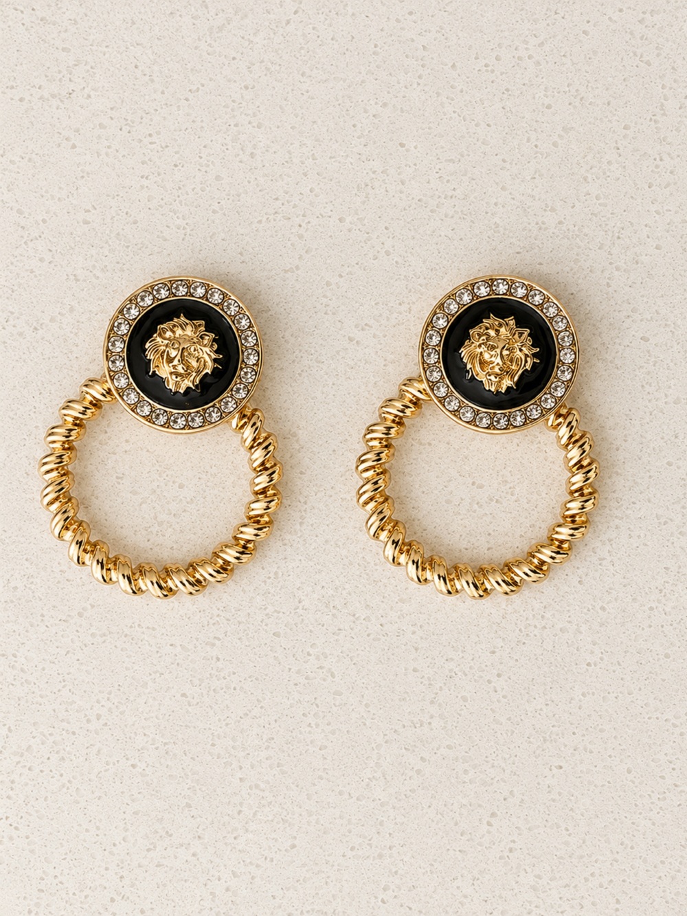 Gold-Tone Black Medallion Hoop Earrings